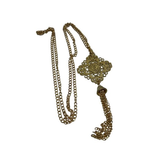 Gold Tone Necklace Long Chain Trangular Pendant with Tassel - Picture 4 of 7